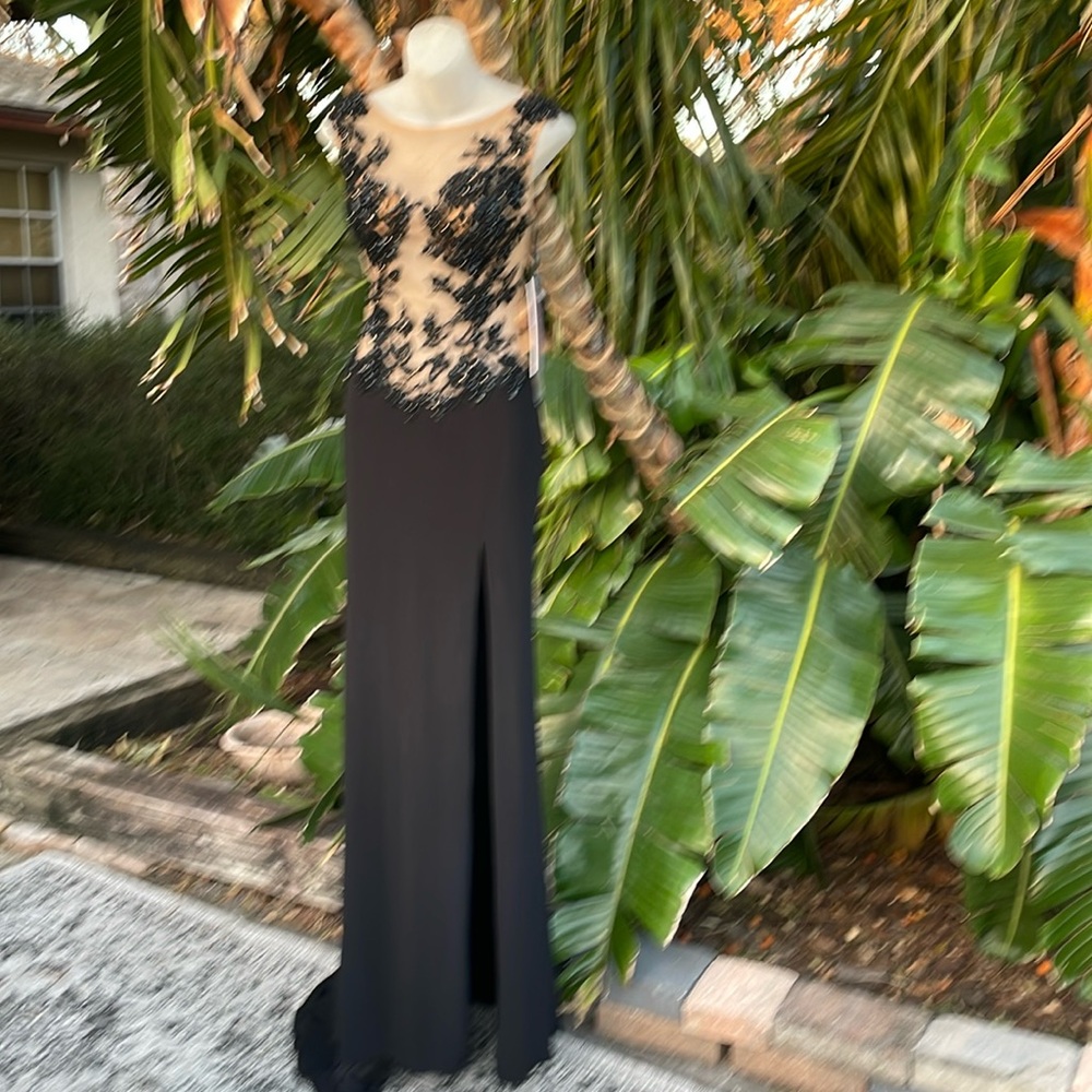 Jovani dark floral beaded sheer drop waist gown with front slit